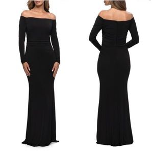 La Femme Black Off-Shoulder Long Sleeve Gown